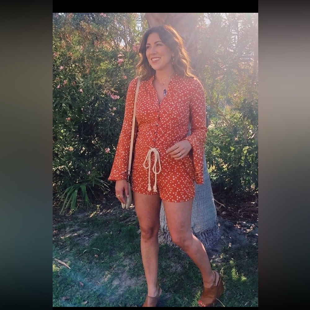 Star-Print Rust Orange Button-Down Playsuit with Drawstring Waist